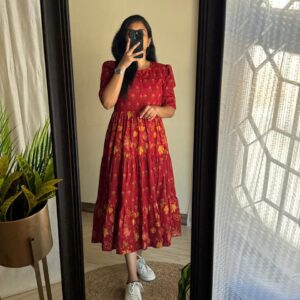 Red gown beatutiful jaipuiri print gown long gown
